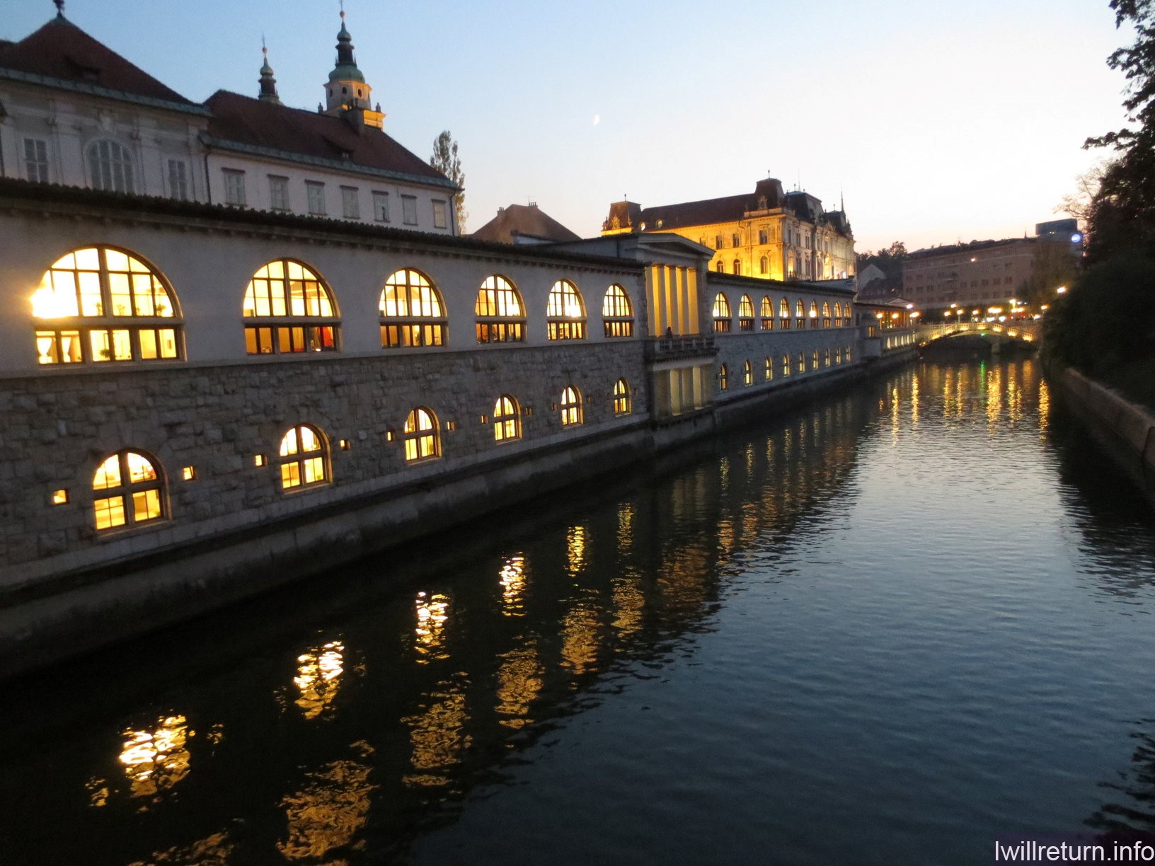 Central Market along Ljubljanica River, Ljubljana at night