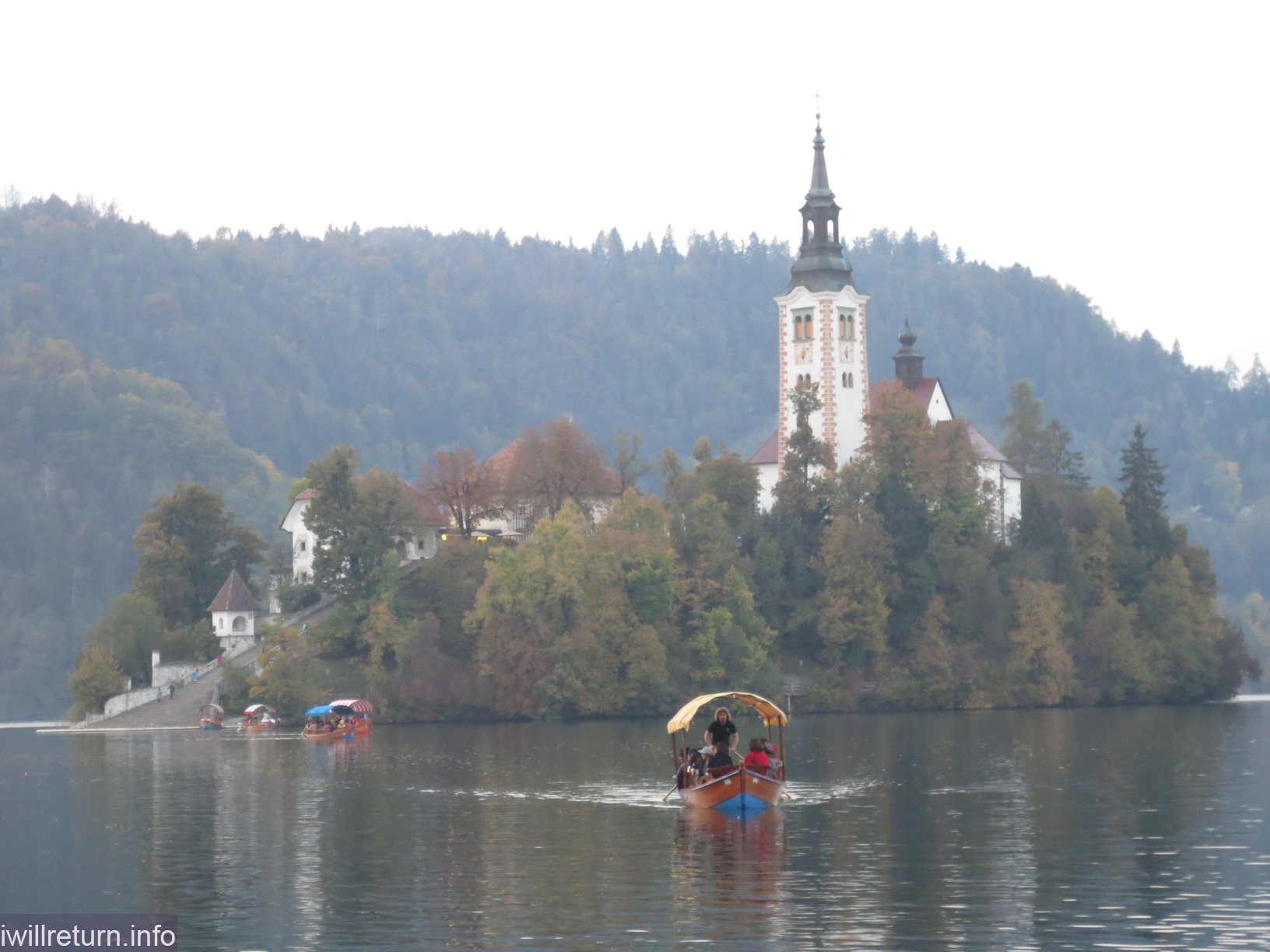 Bled Island with the traditional Pletna boats, Lake Bled, Slovenia